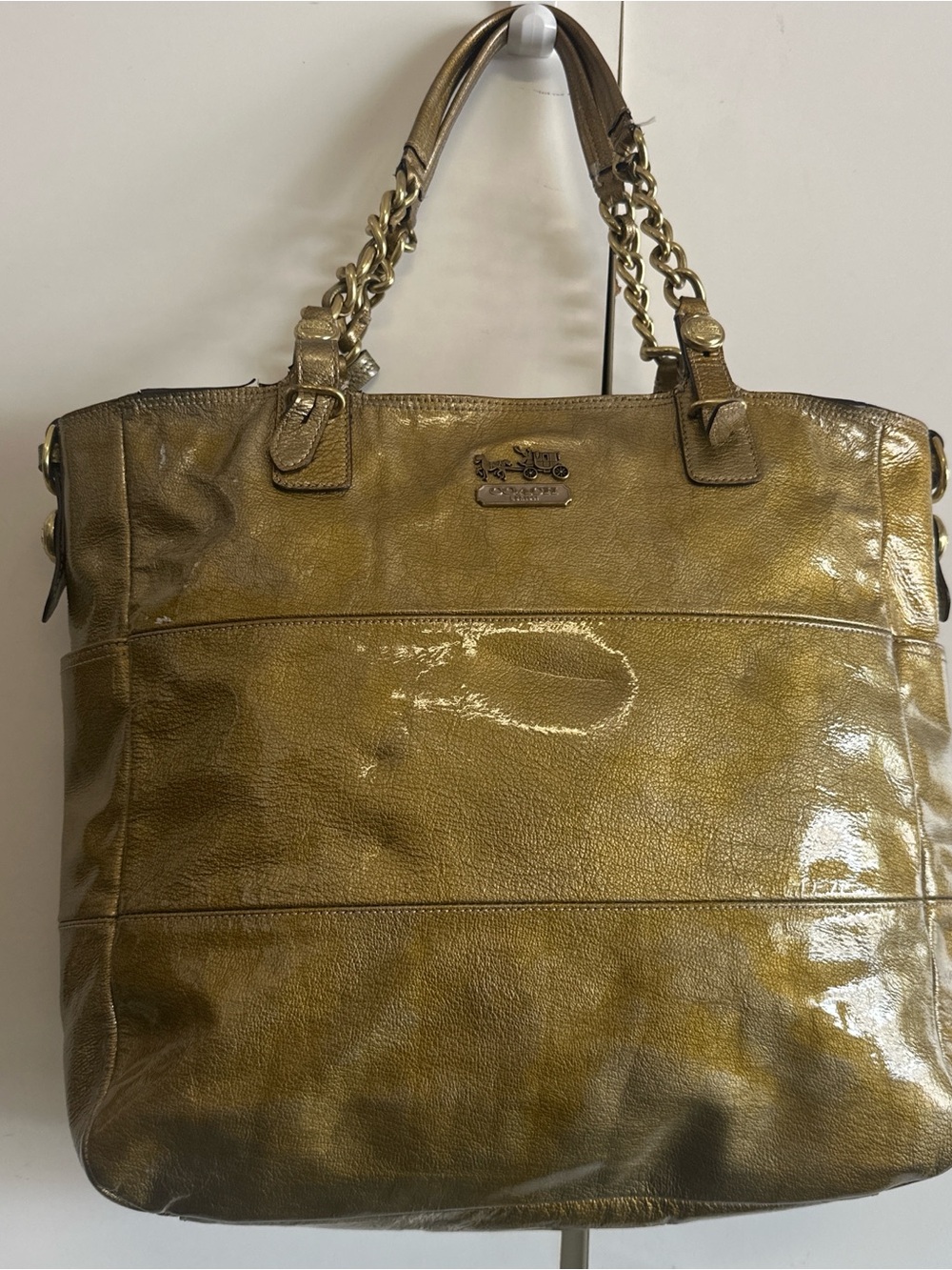Coach Metallic Olive Green Leather Tote with Chain Handles